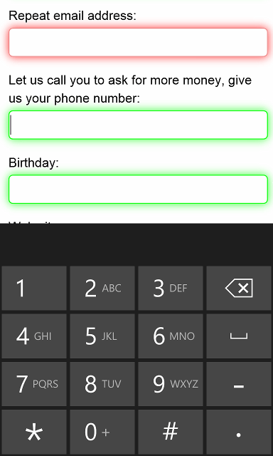WP8 shows a keyboard optimized for phone numbers